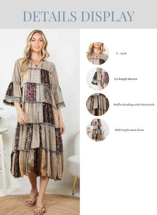 Boho Latte and floral Lace Patchwork Midi Dress