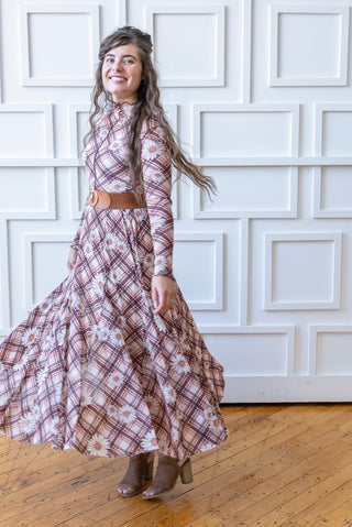 Flowering Daisey's Pink and Brown Plaid Maxi Skirt