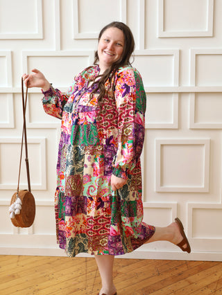 Paisley Green and Pink Colorblock Dress