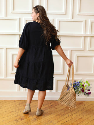 Black Floral Embroidered Vacation Midi Dress