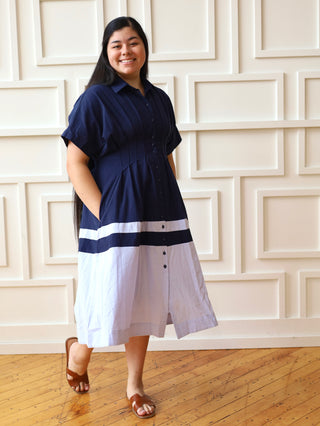 Navy and Blue Pleated Button Down Shirt Dress