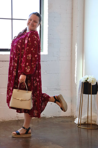 Burgundy Floral Tiered Midi Dress