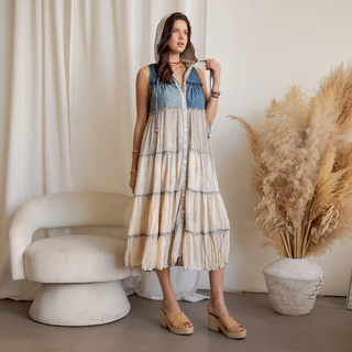 Cream Boho Tiered Sleeveless Hooded Button-front Duster