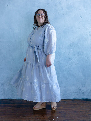 Light Blue Pinstripe Embroidered Maxi Dress