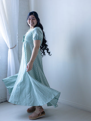 Teal Gingham Smocked Maxi Dress