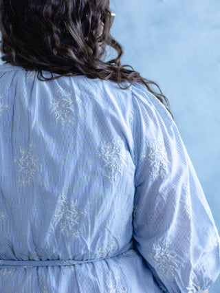 Light Blue Pinstripe Embroidered Maxi Dress