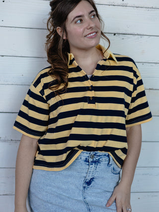Daffodil and Navy Striped Rugby Cropped Polo
