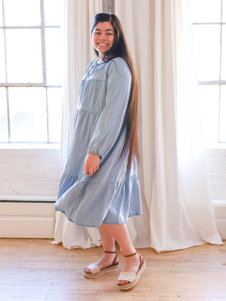 Light Wash Smock Denim Tiered Midi Dress
