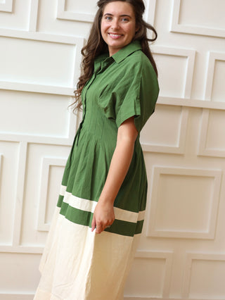 Olive and Beige Pleated Button Down Shirt Dress