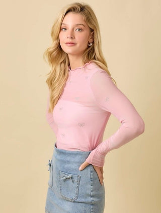 Pink Bow Mesh Layering Top