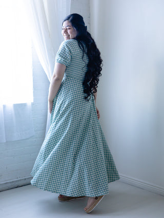 Teal Gingham Smocked Maxi Dress