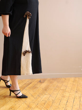 Black and Cream Pleat Dress with Leopard Bows