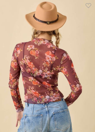 Burgundy Floral Print Mesh Layering Top