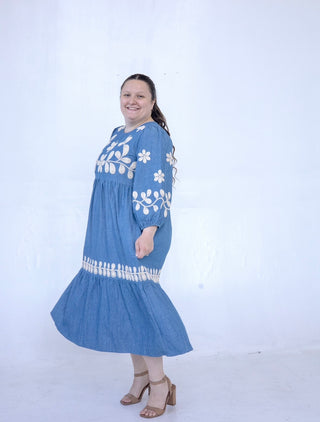 Denim Embroidered Flower Midi Dress