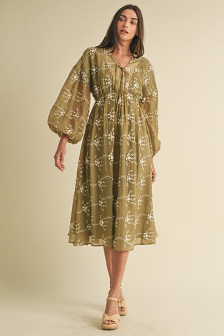 Luxe Embroidered Olive Midi Dress