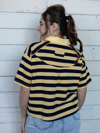 Daffodil and Navy Striped Rugby Cropped Polo
