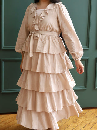 Dreamy Little Thing Beige Ruffle Maxi Dress