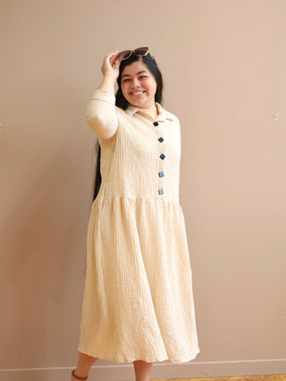 Beige Square Button Midi Dress
