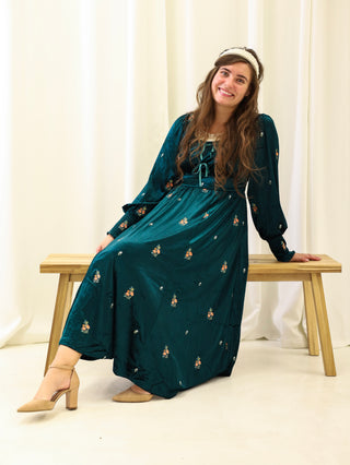 Emerald Velvet Floral Midi Dress