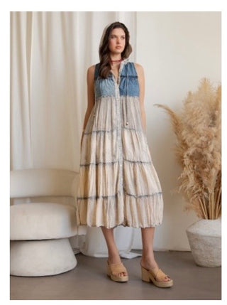 Cream Boho Tiered Sleeveless Hooded Button-front Duster
