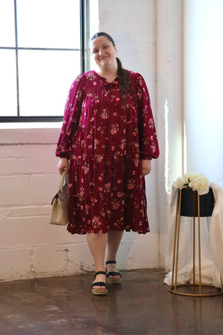 Burgundy Floral Tiered Midi Dress