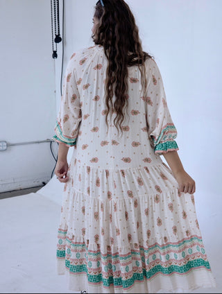 Beige and Teal Paisley Midi Dress