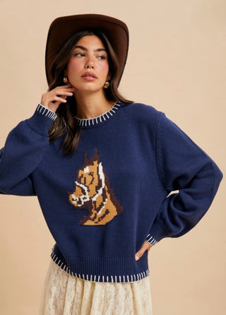Navy Vintage Horse Head Motif Sweater