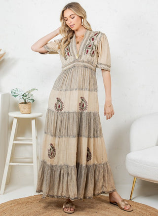 Boho Creamy Latte Maxi Dress with Paisley Detail
