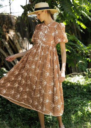 Cinnamon Embroidered Bow Midi Dress