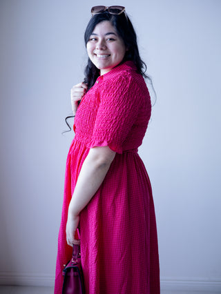 Pink and Red Gingham Smocked Midi Dress