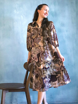 An Evening Out Brown Paisley Midi Dress