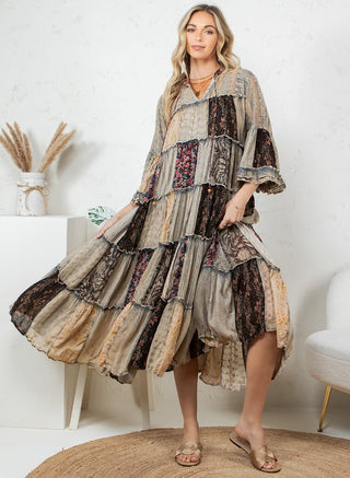 Boho Latte and floral Lace Patchwork Midi Dress