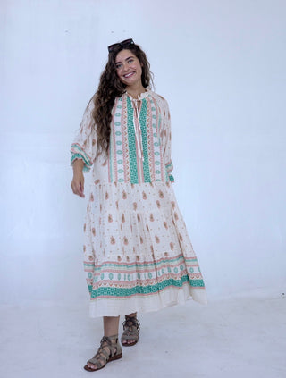 Beige and Teal Paisley Midi Dress