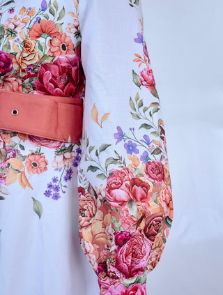 Floral and White Collar Dress with Belt