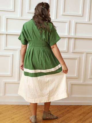 Olive and Beige Pleated Button Down Shirt Dress