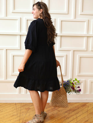 Black Floral Embroidered Vacation Midi Dress