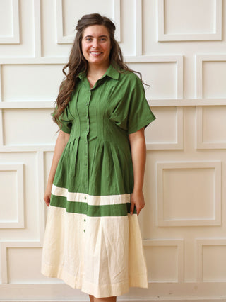 Olive and Beige Pleated Button Down Shirt Dress