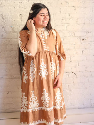 Lovely Neutrals Tan and Cream Midi Dress