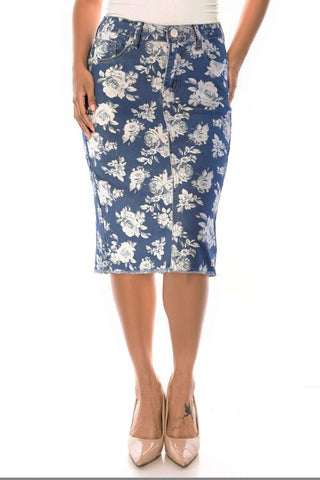 Rose Print Denim Midi Skirt