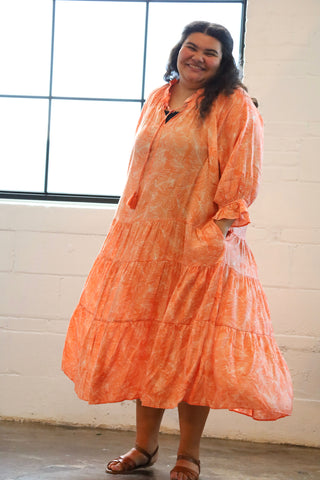 Tangerine Orange Floral Tiered Maxi Dress