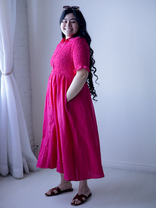 Pink and Red Gingham Smocked Midi Dress