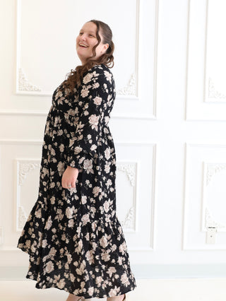 Holiday Party Black Floral Maxi Dress