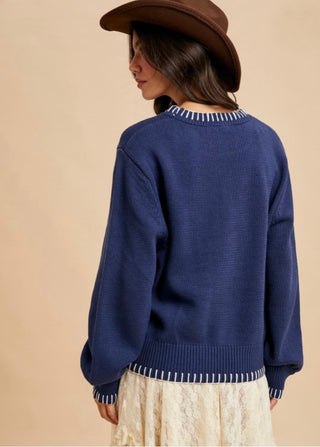 Navy Vintage Horse Head Motif Sweater