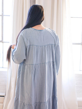 Light Wash Smock Denim Tiered Midi Dress
