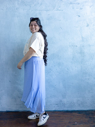 Spring Blue Polka Dot Asymmetrical Hem Skirt