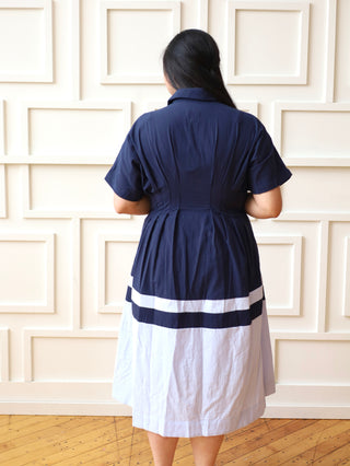 Navy and Blue Pleated Button Down Shirt Dress