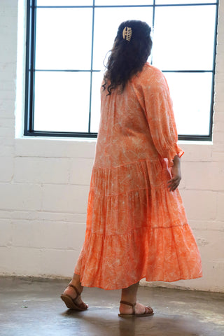 Tangerine Orange Floral Tiered Maxi Dress