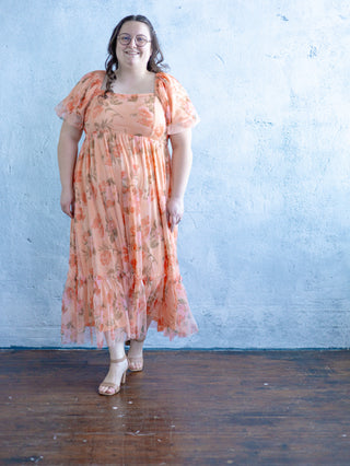 Peach Floral Tulle Maxi Dress