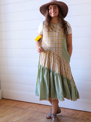 Green Tea Antique Plaid Ruffle Jumper Dress