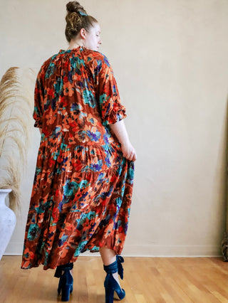 Harvest Orange and Teal Floral Maxi Dress